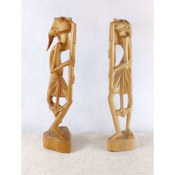 MCM Indonesian Carved Pair 14" Wooden Sculptures Musicians Windpipes 50s-60s - Picture 2 of 13